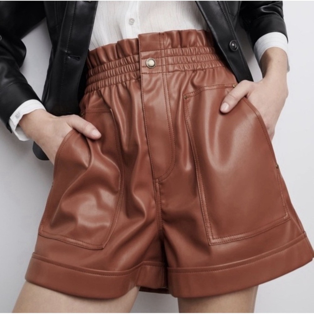 Zara‎ Faux Leather Shorts High Paperbag Waist Sz 2 S/XS Brown Pockets Dress Chic